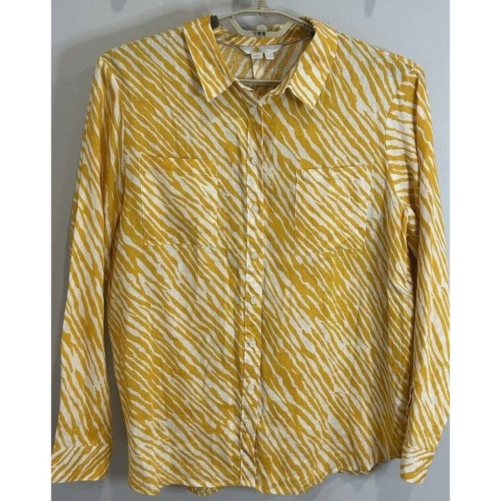 Boden Yellow White Zebra Pattern 100% Linen Long Sleeve Button Up Shirt Size 10